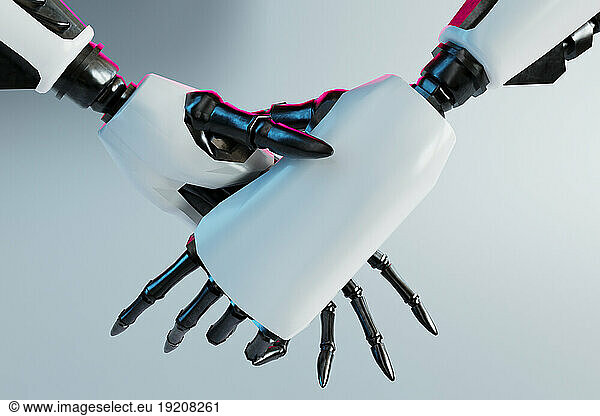 3D render of two robotic arms shaking hands
