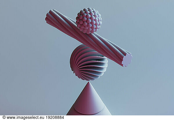 3D render of two spheres and cylinder floating over cone