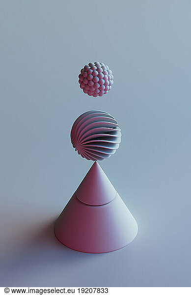3D render of two spheres floating over cone