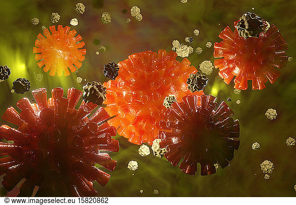 3D Rendered Illustration of a group of Corona virus surrounded by white blood cells