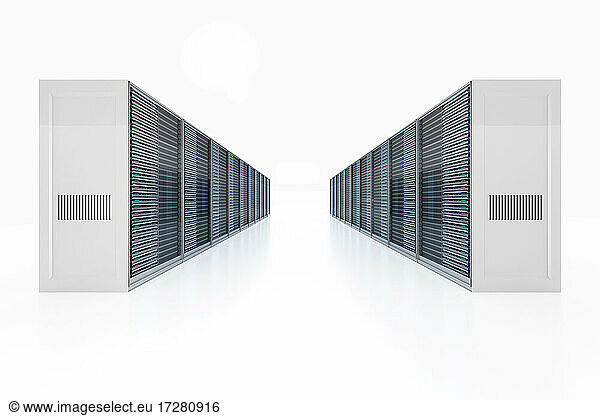 3D rendered illustration of server racks against white background