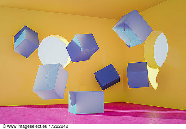 3D rendering  Blue boxes floating in yellow room with pink floor