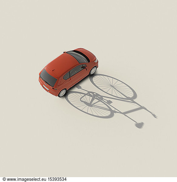 3D rendering Red car casting shadow of a bicycle