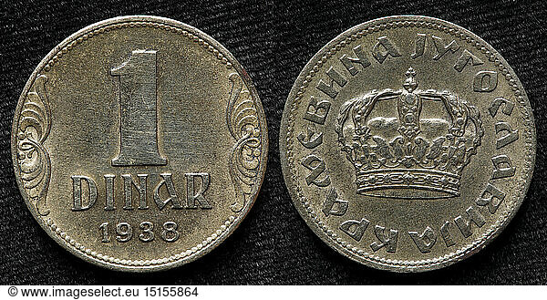 1 Dinar coin  Kingdom of Yugoslavia  1938