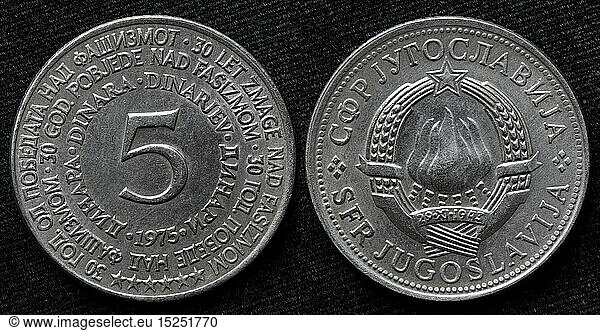 5 Dinar coin  30th Anniversary of WWII victory  Yugoslavia  1975