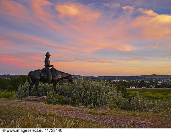 'Equestrian statue in Cochrane Ranch Park; Cochrane  Alberta  Canada'