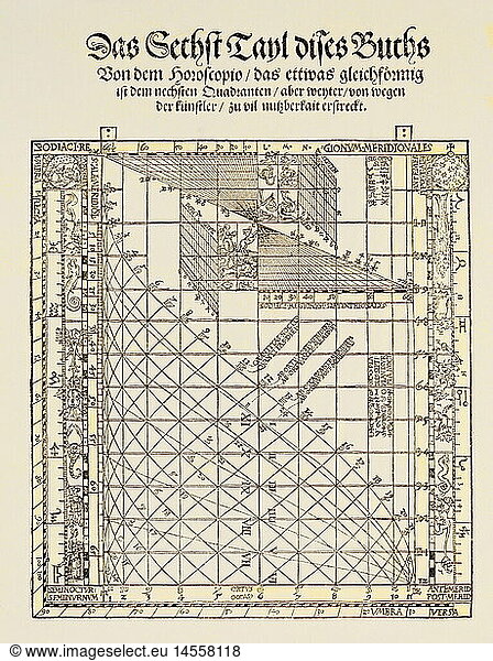 ÃœF  Astronomie  Vorlage fÃ¼r einen Quadranten zur Berechnung eines Horoskop  Stich  'Das Instrument Buch' von Peter Apian  Ingolstadt  1533  Privatsammlung