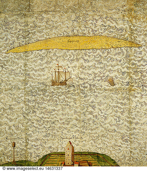 ÃœF  Geo. hist.  Deutschland  FlÃ¼sse  Elbe  ElbmÃ¼ndung  Sandbank GroÃŸer Vogelsand  Landkarte von Melchior Lorich  1568