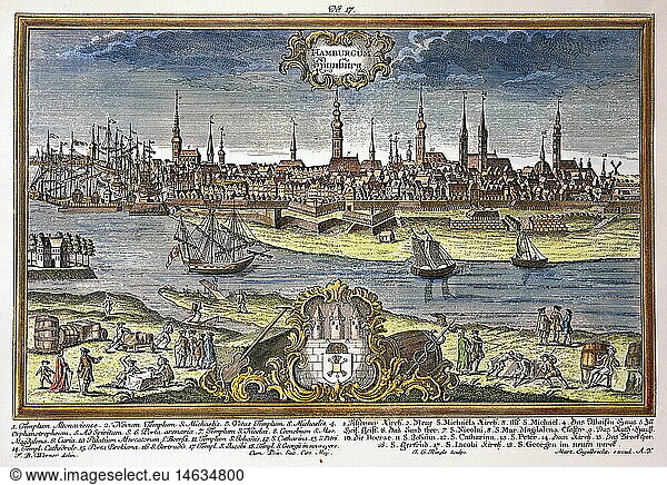 ÃœF  Geo. hist  Deutschland  StÃ¤dte  Hamburg  Ansicht  Kupferstich von Friedrich Bernhard Werner  Augsburg  1730/1740
