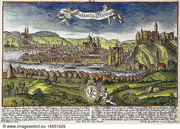 ÃœF  Geo. hist  Deutschland  StÃ¤dte  Passau  Ansicht  colorierter Kupferstich von Friedrich Bernhard Werner  Verlag Martin Engelbrecht  Augsburg  1730/1740