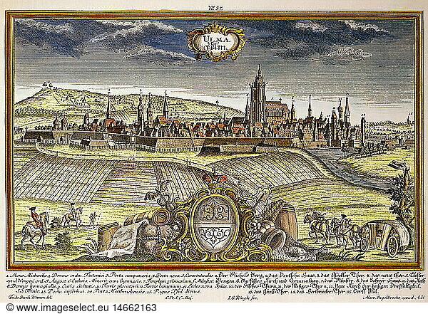 ÃœF  Geo. hist  Deutschland  StÃ¤dte  Ulm  Ansicht  colorierter Kupferstich von Friedrich Bernhard Werner  Verlag Martin Engelbrecht  Augsburg  1730/1740