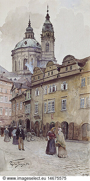 ÃœF  Geo. hist.  Tschechien  StÃ¤dte  Prag  StraÃŸenszenen  StraÃŸenszene mit Blick auf die Kirche St. Nikolaus  Aquarell  von Vaclav Jansa (1859 - 1913)  1895  StÃ¤dtische Bibliothek Prag