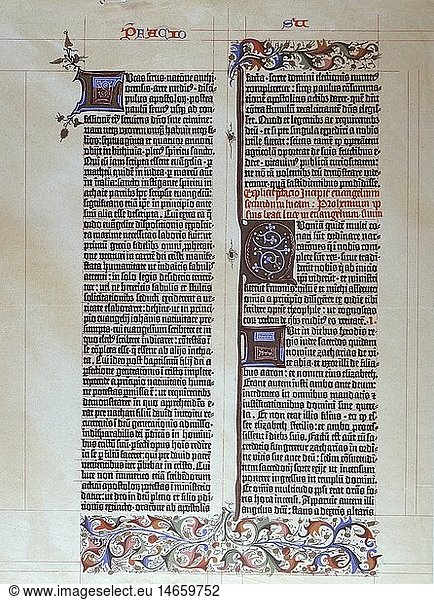 ÃœF Gutenberg  Johannes Gensfleisch zur Laden zum  um 1400 - 3.2.1468  deut. Buchdrucker  Seite aus der Gutenberg Bibel  Mainz  1452 - 1455