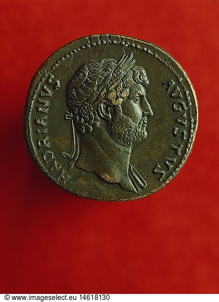 ÃœF  Hadrian (Publius Aelius Hadrianus)  24.1.76 - 10.6.138 n. Chr  rÃ¶m. Kaiser 8.8.117 - 10.6.138  Portrait  Profil  MÃ¼nzbild  Sesterz  Staatliche MÃ¼nzsammlung  MÃ¼nchen