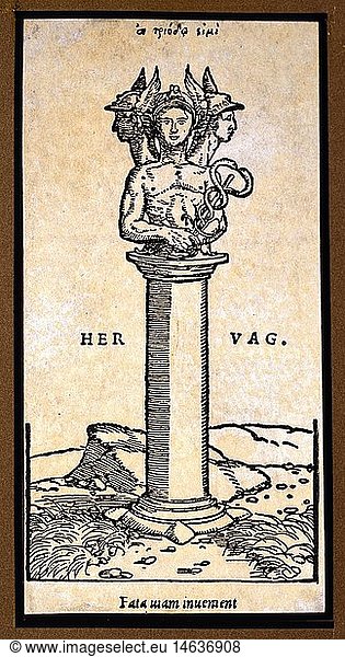 ÃœF  Hermes  griech. Gott  als Hermes Trismegistos  Synkretische Verschmelzung mit dem Ã¤gyptischen Gott Thot  Holzschnitt  Druckerzeichen  16. Jahrhundert  Privatsammlung
