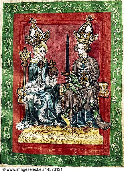 ÃœF  Karl IV.  14.5.1316 - 19.11.1378  RÃ¶m. - Deut. Kaiser 1355 - 1378  Halbfigur  mit Ehefrau  Miniatur  Kaiserbildhandschrift  2. HÃ¤lfte 14. Jh.  Bayerisches Staatsarchiv MÃ¼nchen