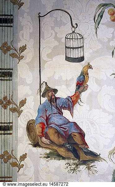 ÃœF  Kunst  Bildtapete  Chinoiserie  sitzender Chinese mit Vogel  Malerei nach Art von Esias Nilson  Druck  Deutschland  Ende 18. Jahrhundert  StÃ¤dtisches Museum Memmingen
