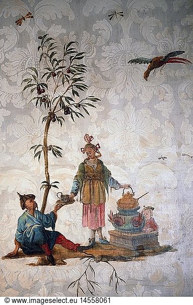 ÃœF  Kunst  Bildtapete  Chinoiserie  Teezeremonie  Malerei nach Art von Esias Nilson  Druck  Deutschland  Ende 18. Jahrhundert  StÃ¤dtisches Museum Memmingen