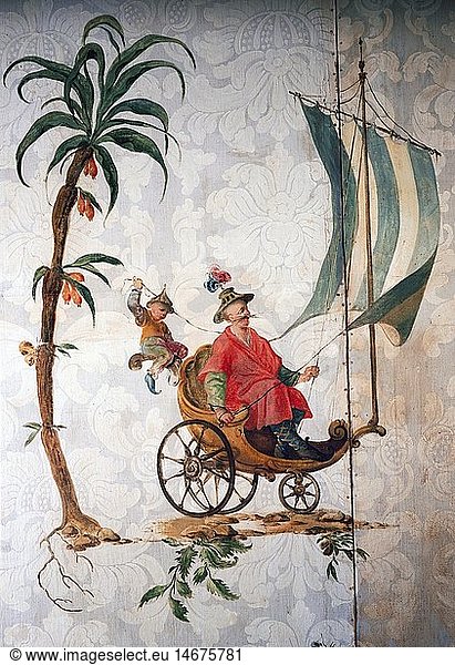 ÃœF  Kunst  Bildtapete  Chinoiserie  vornehmer Chinese in einem Segelwagen  Malerei nach Art von Esias Nilson  Druck  Deutschland  Ende 18. Jahrhundert  StÃ¤dtisches Museum Memmingen