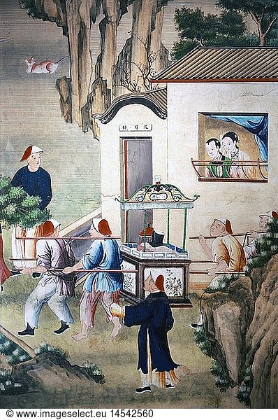 ÃœF  Kunst  Bildtapete  Trauerzug eines Mandarin  Auschnitt  Druck auf Papier  Guangzhou  Qing Dynastie  um 1780  Deutsches Tapetenmuseum Kassel