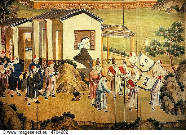 ÃœF  Kunst  Bildtapete  Trauerzug eines Mandarin  Auschnitt  Druck auf Papier  Guangzhou  Qing Dynastie  um 1780  Deutsches Tapetenmuseum Kassel