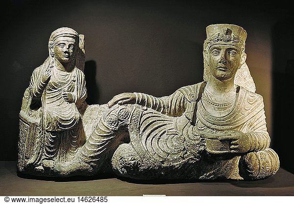 ÃœF  Kunst  Epochen  Antike  RÃ¶misches Reich  Skulptur  Grabplastik  Totenmahl  Kalkstein  Palmyra  Syrien  2. Jahrhundert  Nationalmuseum Damaskus