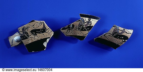 ÃœF  Kunst  Epochen  Griechenland  Keramik  Fragmente einer Trinkschale mit Jagdszenen  attisch  Attika  schwarzfigurig  um 540 vChr.  Sammlung Herbert A. Cahn  Basel