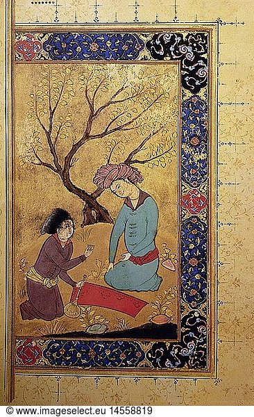ÃœF  Kunst  Epochen  islamische Kunst  Persien  Buchmalerei  ein Arzt bietet einem Prinzen einen Heiltrank an  Miniatur aus einer medizinischen Handschrift  um 1480  Nationalbibliothek Paris