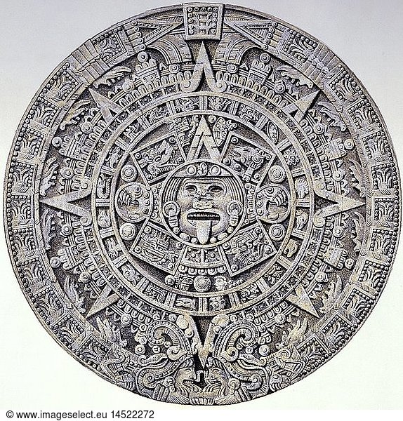 ÃœF  Kunst  Epochen  Mesoamerika  Azteken  Skulptur  Sonnenstein (Piedra del Sol)  1497  Lithographie zu Carlos Nebel 'Voyage pittoresque et archeoloque au Mexique'  Paris  1836  Privatsammlung