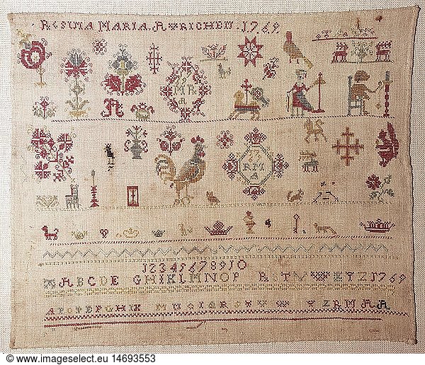 ÃœF  Kunst  Stickerei  Stickmustertuch  Leinengarn auf Leinen  Altenburg/Sachsen  1769  Museum EuropÃ¤ischer Kulturen  Berlin