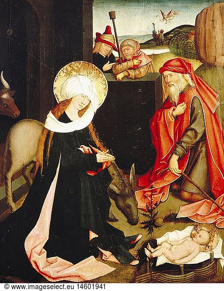 ÃœF  Kunst  Strigel  Bernhard (um 1460 - 1528)  GemÃ¤lde  Anbetung der Hirten  im Hgr. VerkÃ¼ndigung an die Hirten  FlÃ¼gel des DreikÃ¶nigsaltars  Ã–l auf Holz  75 x 63 cm  um 1500  StÃ¤dtisches Museum Memmingen