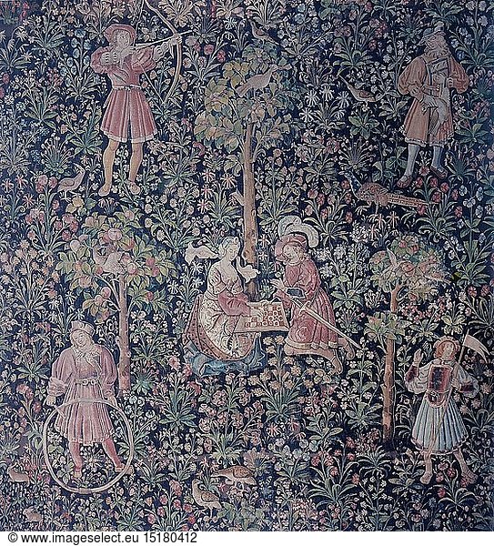 ÃœF  Kunst  Tapisserie  sogenannter 'Tausendblumenteppich'  Ausschnitt  Paar spielt Dame  BrÃ¼ssel  um 1500 / 1520  Bayerisches Nationalmuseum  MÃ¼nchen