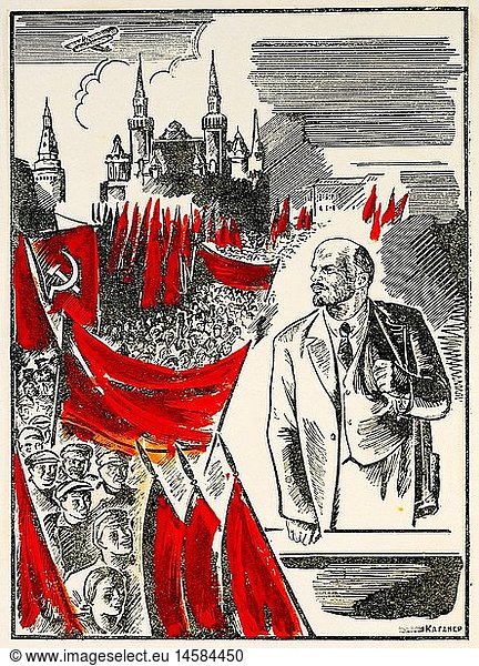 ÃœF Lenin (Wladimir Iljitsch Uljanow)  22.4.1870 - 21.1.1924  russ. Politiker  Vorsitzender des Rats der Volkskommisare 26.10.1917 - 21.7.1924  Halbfigur  Illustration  UdSSR  um 1928  Privatsammlung
