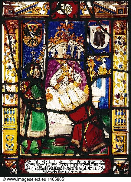 ÃœF  Ludwig IV. 'der Bayer'  1282 - 11.10.1347  RÃ¶m.- Deut. Kaiser 1328 - 1347  Halbfigur  auf dem Thron  Glasmalerei  1. HÃ¤lfte 17. Jh.  Bayerisches Nationalmuseum MÃ¼nchen