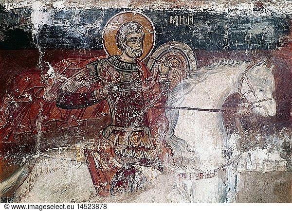ÃœF  Martin von Tours  um 316 - 8.11.397  Heiliger  Apostel von Gallien  Bischof von Tours seit 371  Halbfigur  Fresko  Kastoria  hl. Martin auf einem Pferd