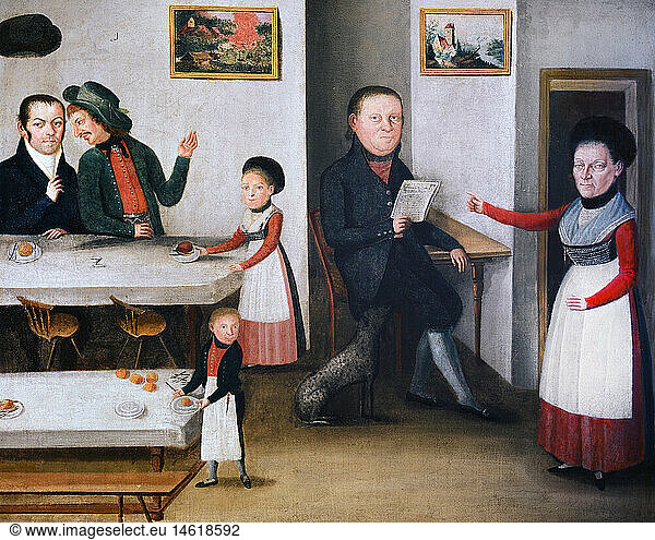 ÃœF  Menschen hist.  Familie  Szenen  Familie in Stube  GemÃ¤lde  um 1840