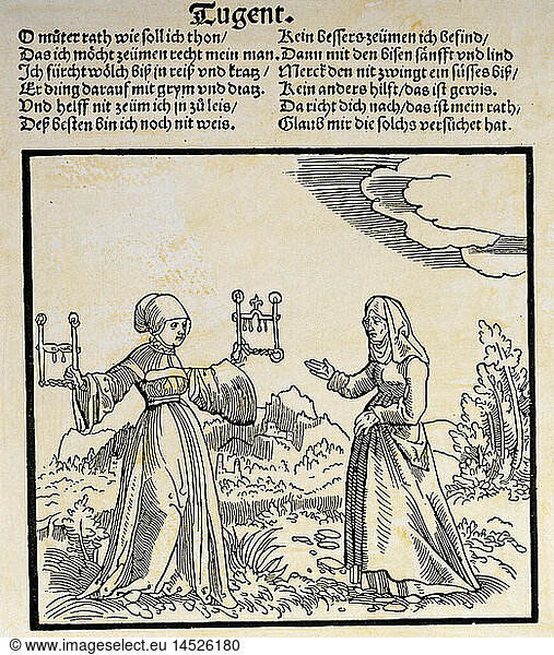 ÃœF  Menschen hist.  Frauen  16. - 18. Jahrhundert  'Tugend'  Holzschnitt  SÃ¼ddeutschland  1. HÃ¤lfte 16. Jahrhundert  Privatsammlung