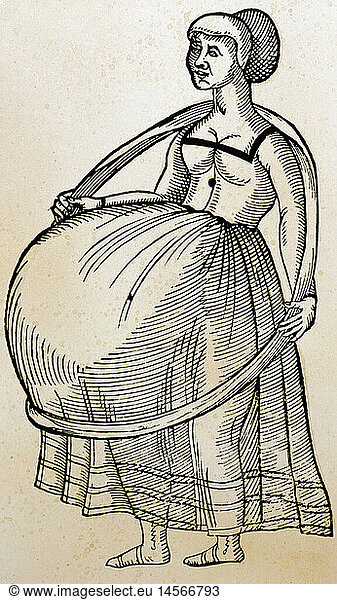 ÃœF  Menschen hist.  Frauen  Schwangerschaft  Gurt zur Entlastung des Bauches schwangerer Frauen  Holzschnitt  von Jost Amman (1539 - 1591)  aus 'De Conceptu et Generatione Hominis'  von Jakob Rueff (um 1500 - 1558)  Schweiz  1554  Privatsammlung