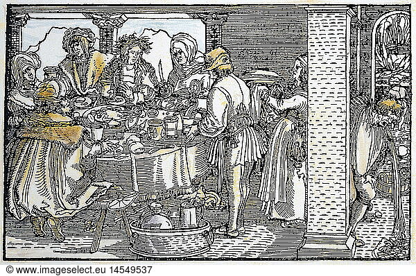 ÃœF  Menschen hist.  Hochzeit  Feiern  Hochzeitsgesellschaft in einer GaststÃ¤tte  Holzschnitt von Petrarcameister (1532-1620) zu 'Von der Artzney bayder GlÃ¼ck' (De remediis utriusque fortunae 1344/1366) von Francesco Petrarca (1304-1374)  Privatsammlung