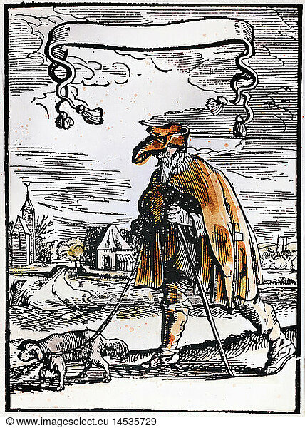 ÃœF  Menschen hist.  Not  Armut  blinder Bettler  von einem Hund gefÃ¼hrt  Holzschnitt  koloriert  Niederlande  17. Jahrhundert  Privatsammlung