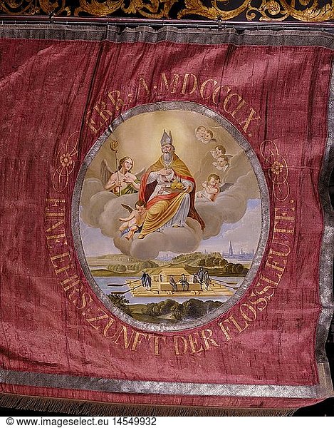 ÃœF  Nikolaus von Myra  um 285 - um 350  Heiliger  Halbfigur  mit Engeln  Stickerei  Fahne der FlÃ¶ÃŸerzunft  MÃ¼nchen  1855