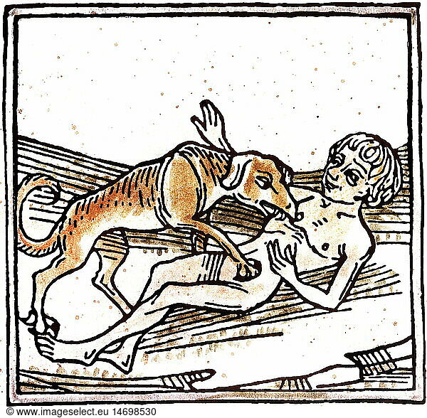 ÃœF  SG hist.  Aberglaube  Fabelwesen  Werwolf Ã¼berfÃ¤llt einen nackten Mann  nach Bericht von Johann von Mandeville  kolorierter Holzschnitt  aus Inkunabeldruck von A. Sorg  Augsburg  1481