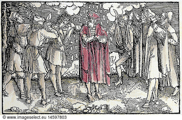ÃœF  SG hist.  Allegorien  'Von eigenem UngerÃ¼cht'  Alter Mann wird von sechs Laffen verleumdet und verhÃ¶hnt  zudem fÃ¤llt ein Regen bÃ¶ser Zungen auf den Greis  kolorierter Holzschnitt von Petrarcameister (1532-1620) zu 'Von der Artzney bayder GlÃ¼ck' (De remediis utriusque fortunae 1344/1366) von Francesco Petrarca (1304-1374)  Privatsammlung