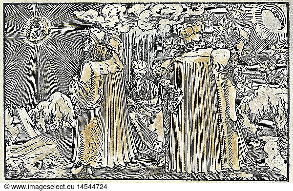 ÃœF  SG hist.  Allegorien  'Von einem schÃ¶nen Wetter'  zwei Gelehrte beobachten Sonne  Mond und Gestirne  wÃ¤hrend ein Greis zwischen beiden stoisch ein Unwetter Ã¼ber sich ergehen lÃ¤sst  kolorierter Holzschnitt von Petrarcameister (1532-1620) zu 'Von der Artzney bayder GlÃ¼ck' (De remediis utriusque fortunae 1344/1366) von Francesco Petrarca (1304-1374)  Privatsammlung
