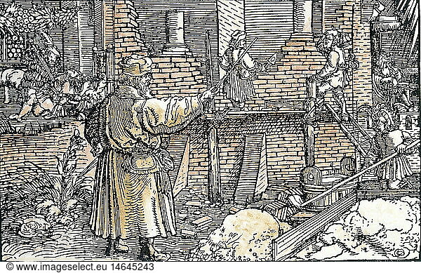 ÃœF  SG hist.  Allegorien  'Von herrlich GebÃ¤uden'  der Ruhm des Bauwerks gebÃ¼hrt dem Zimmermann und Baumeister  Tullus Hostilius (rechts) wird von einem Blitz erschlagen  kolorierter Holzschnitt von Petrarcameister (1532-1620) zu 'Von der Artzney bayder GlÃ¼ck' (De remediis utriusque fortunae 1344/1366) von Francesco Petrarca (1304-1374)  Privatsammlung