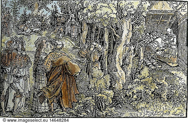 ÃœF  SG hist.  Allegorien  'Von unbekanntem Ursprung'  armer Knabe blickt verzweifelt zum Findelhaus zurÃ¼ck  wÃ¤hrend sich Liebespaare im Wald vergnÃ¼gen  kolorierter Holzschnitt von Petrarcameister (1532-1620) zu 'Von der Artzney bayder GlÃ¼ck' (De remediis utriusque fortunae 1344/1366) von Francesco Petrarca (1304-1374)  Privatsammlung
