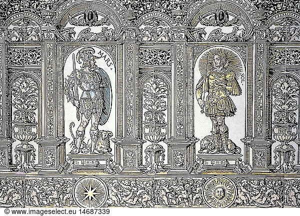 ÃœF  SG hist.  Astrologie  Planeten  Mars und Sol  BlÃ¶cke 3 und 4 aus einem Fries mit 7 Planeten-Gottheiten  Holzschnitt von Hans Burgkmair  koloriert  30 6x131 cm  Augsburg  um 1510