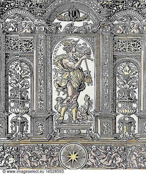 ÃœF  SG hist.  Astrologie  Planeten  Merkur  Block 6 aus einem Fries mit 7 Planeten-Gottheiten  Holzschnitt von Hans Burgkmair  koloriert  30 6x131 cm  Augsburg  um 1510