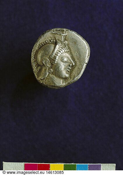 ÃœF  SG hist.  Geld  MÃ¼nzen  Antike  Griechenland  Tetradrachmon  Kopf der Pallas Athene  Athen  510 v. Chr.  Staatliche MÃ¼nzsammlung MÃ¼nchen
