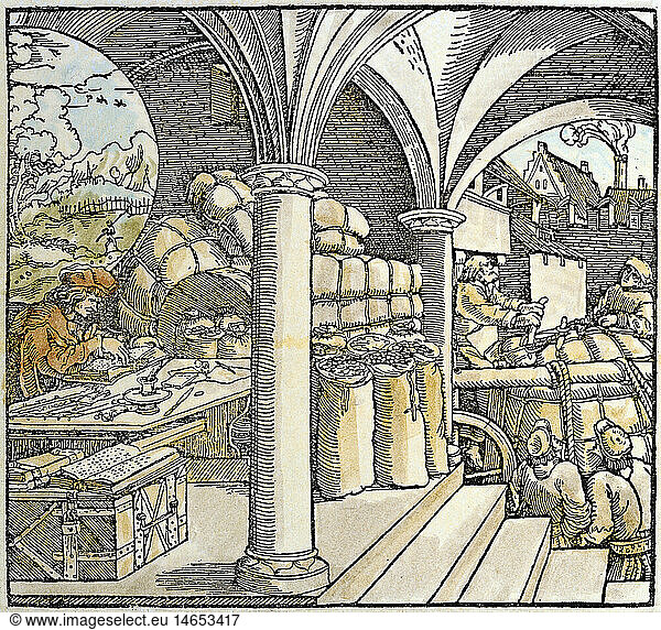 ÃœF SG hist.  Handel  Warenlager  Kontor und Ladehof eines Augsburger GroÃŸkaufmannes  aus Francesco Petrarca  'Trostspiegel in GlÃ¼ck und UnglÃ¼ck'  Holzschnitt  koloriert  Augsburg  Deutschland  1539